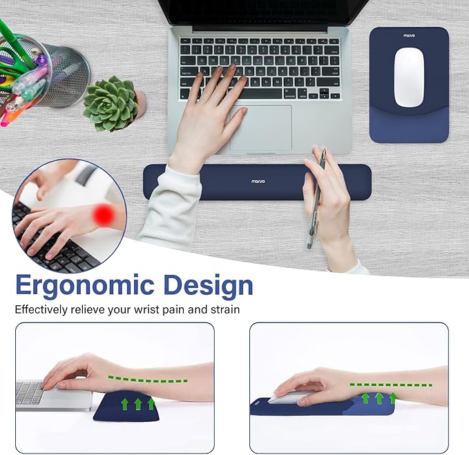 MOSISO Wrist Rest Support for Mouse Pad&Keyboard Set, Rectangular Ergonomic Mousepad Non-Slip Base Home/Office Easy Typing Pad with Neoprene Cloth&Raised Silicone Lining, Navy Blue