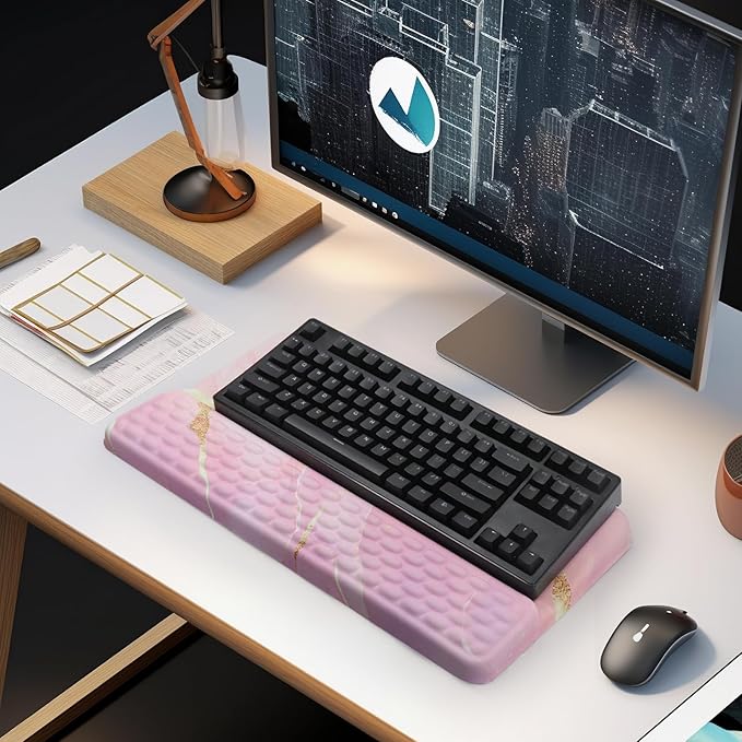 Ergonomic Keyboard Stand with Wrist Rest, Computer Wrist Support Pad, Tilted Keyboard Riser Holder Lift Tray with Wrist Pad, Easy Typing, Comfy Soft Memory Foam Desk Cushion for Office Home