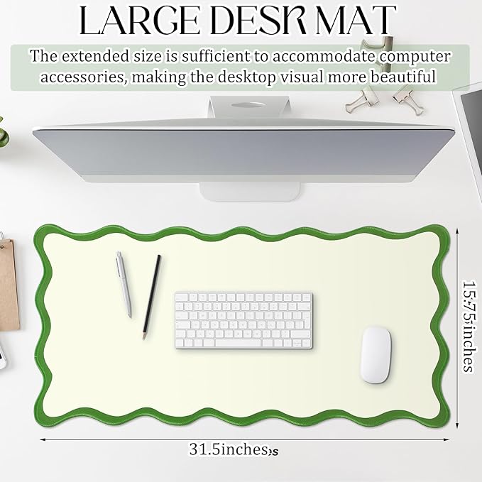Scalloped Desk Mat Large Scalloped Piping Cute Desk Mat Aesthetic Preppy Table Pad Large Nonslip Pad with Edge Stitching Waterproof Gaming(Green,31.5 x 15.75 Inches)