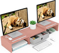 WESTREE Dual 3 Shelf Computer Riser with Drawer, Adjustable Length and Angle, Desktop 2 Monitor Stand Storage Organizer