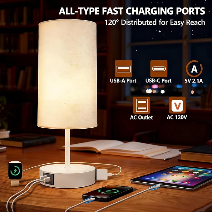 HiBay 17.75” Touch Table Lamp with Charging Station, 3-Way Dimmable 800LM Bedside Lamps with USB-A/USB-C Ports & AC Outlet, Modern White LED Nightstand Light with Beige Linen Shade for Bedroom Office