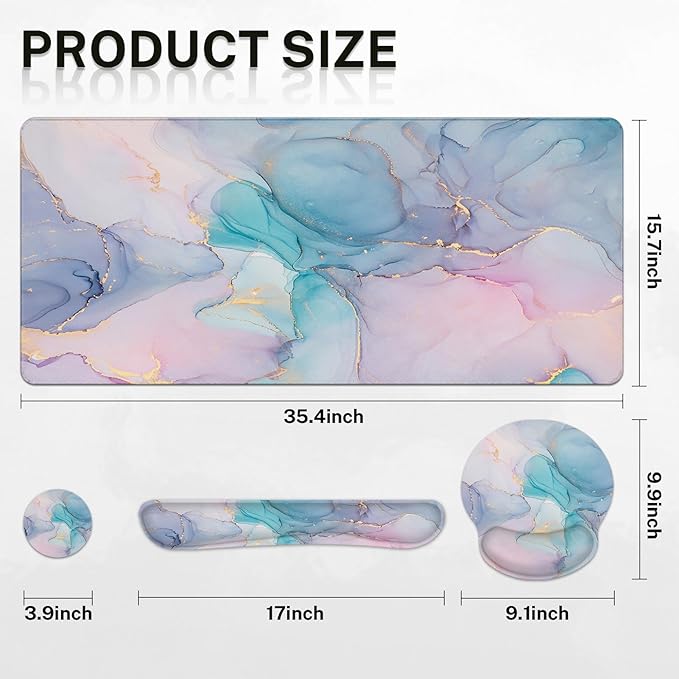 Arttown Pink Blue Desk Mat Marble Mouse Pad Set 4 in 1 Purple Gold Gradient Ergonomic Design Large Desk Pad + Keyboard Wrist Rest + Mouse Wrist Rest + Coaster Suitable for Home Office Study Game