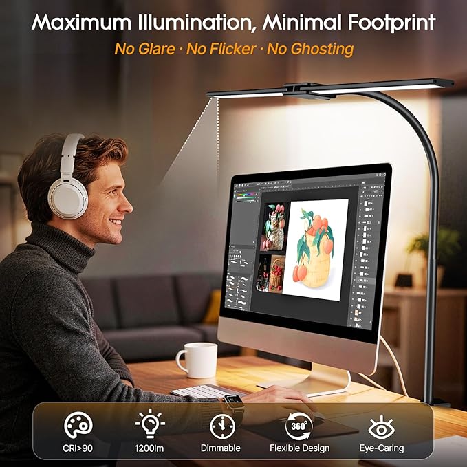 Syrinx LED Desk Lamp for Office Home – Eye Caring Dual Head Desk Light with Flexible Goose-Neck, Clamp, Motion Sensor/Wired Control, 50 Lighting Modes with Memory/Timer, Table Lamp for Study, Drafting