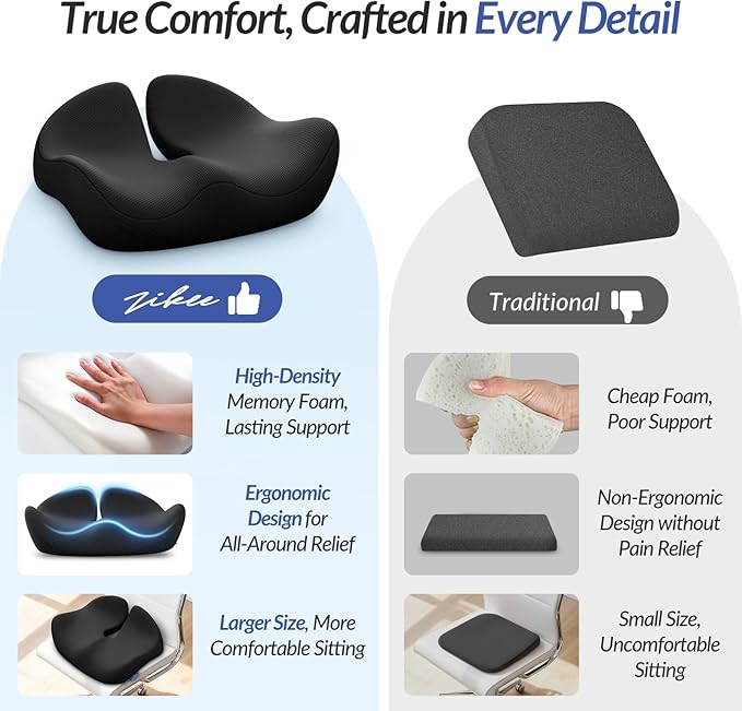 ZIKEE Pioneering Seat Cushion for Pressure Relief, Ergonomic Office Chair Cushion for Coccyx, Back & Lumbar Support, High-Density Memory Foam Car Seat Cushion with Anti-Slip Base