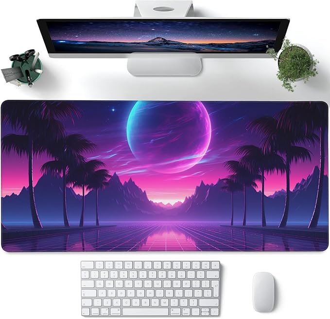 Large Gaming Mouse Pad for Desk,Cool Retrowave Landscape Desk Mat,Science Fiction Scene Desk Pad, Extended Big Computer Keyboard Mouse Pad with Non-Slip Base and Stitched Edge 35.4"x15.7"