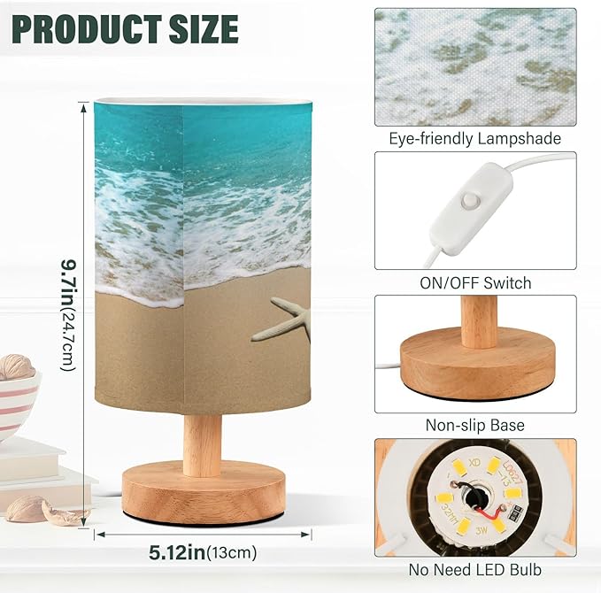 Seaside Beach Bedside Table Lamp for Bedroom Nightstand, Small Eye Care LED Desk Reading Lamp USB Port Wood Base Round Flaxen Fabric Shade for for Kids Room Living Room Office Desk