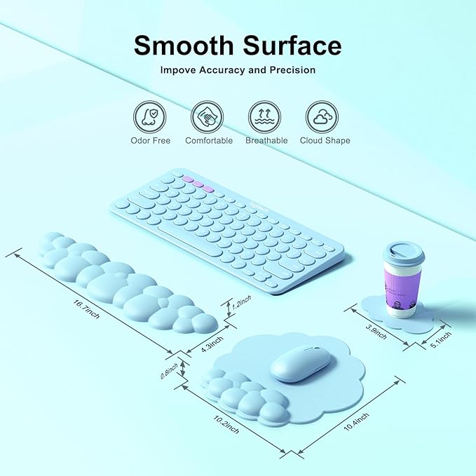 Cloud Mouse Pad with Wrist Rest, Cloud Keyboard Wrist Rest, Mouse Pad Wrist Support, Ergonomic Cloud Keyboard Mouse Wrist Support (Blue)