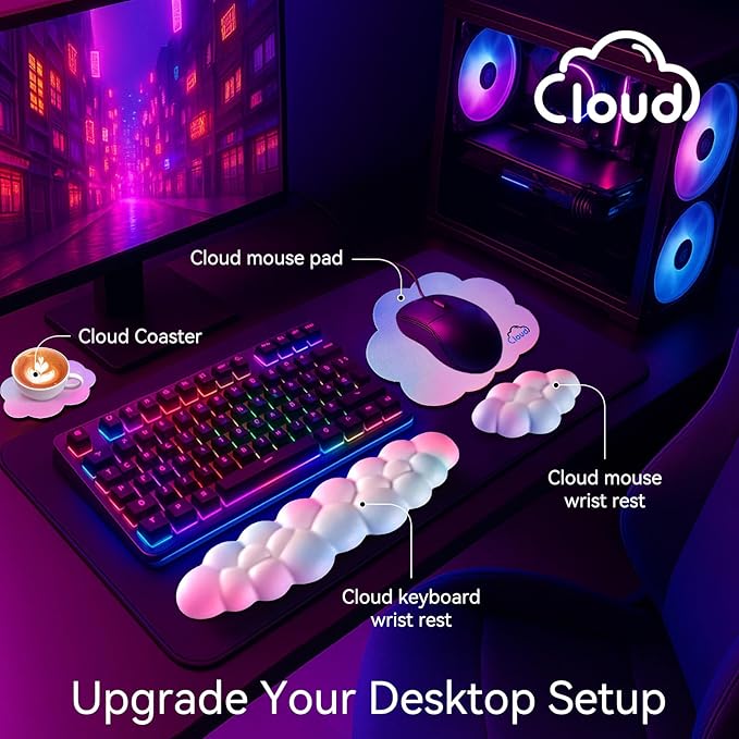 Cloud Wrist Rest for Computer Keyboard, 4-in-1 Memory Foam Leather Cloud Keyboard Wrist Rest and Mouse Pad Set with Ergonomic Support for Arm and Palm Cushion, Gaming/Work Setup, Dark Blue