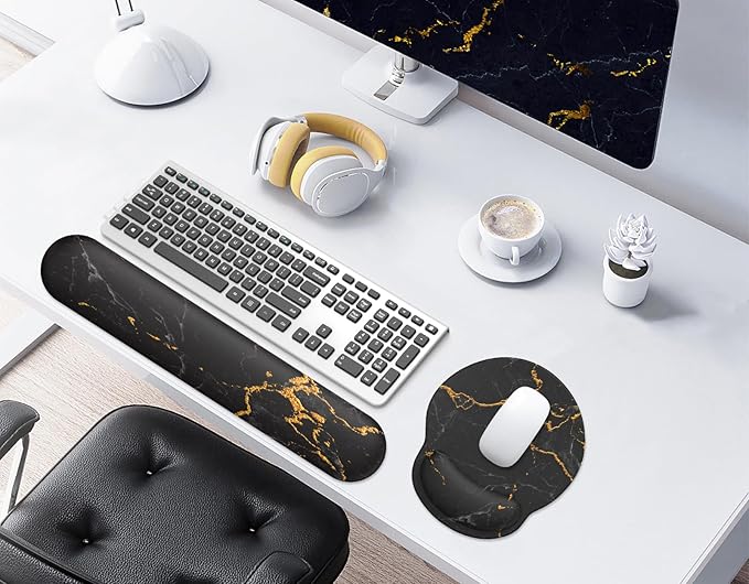 eulps Mouse Pad Wrist Support, Ergonomic Memory Foam Keyboard Wrist Pad & Gel Wrist Rest Set for Computer Keyboard for Easy Typing for Office & Home (Black Marble Set)