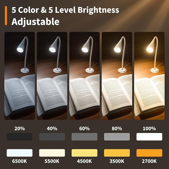 Wall Mounted Reading Light, Wall Light for Book at Night in Bed,Bedside,Headboard,Desk, Eye Care LED, Plug in USB Powered,5 Color & Brightness Dimmable, Flexible Gosseneck, 2 Pack