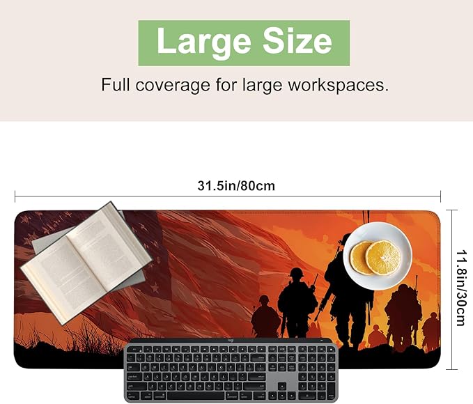 Desk Mat, XXL Extended Gaming Pad for Desktop, 31x12 Inches Patriotic Soldier Silhouette with Flag, Large Non-Slip Vegan Leather Keyboard Mouse Mat for Home Office
