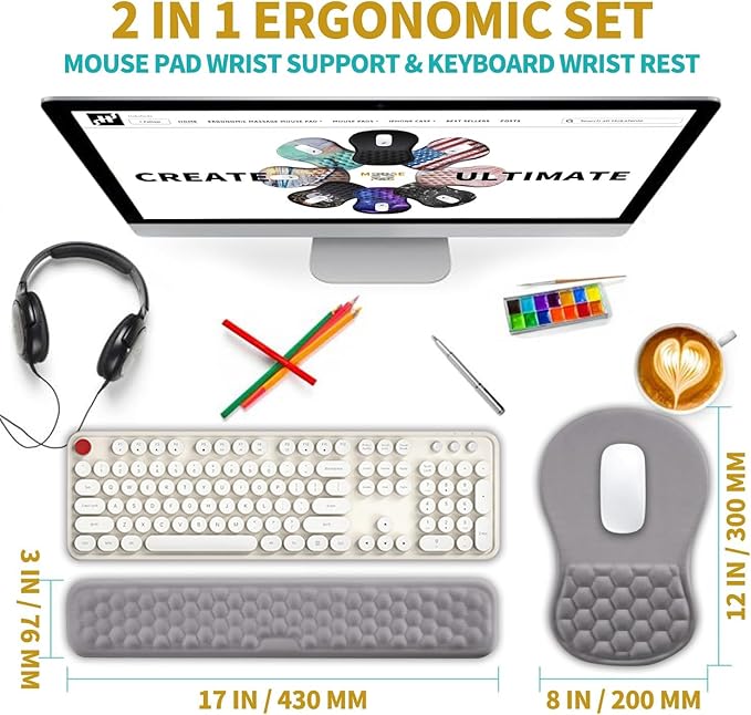 Hokafenle 2 in 1 Ergonomic Mouse Pad Wrist Support & Wrist Rest for Computer Keyboard Set, with Memory Gel Massage Bulge Design (2In1 Set, Neutral Gray Light Purple)
