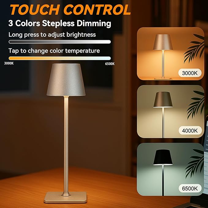 2 Pack Minimalistic Cordless Table Lamps - 2000mAh Rechargeable, Touch Control, 3 Colors Stepless Dimming LED Bottle Lamp Kit for Home & Camping