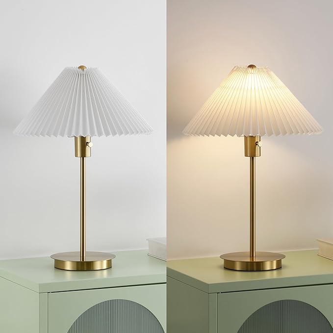 JONATHAN Y 21.25" Brass Gold Modern Glam Metal Column LED Table Lamp with USB Charging Port, Scandinavian Minimalist Bedside Lamp, White Pleated Shade, LED Bulb Included JYL1149A
