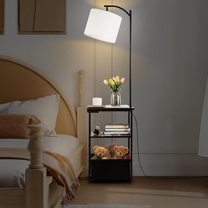 Floor Lamp with Table, Narrow Side Table with Fabric Basket, USB-A/USB-C Charging Station and AC Port, 3 Color Temperatures 12W LED Bulb, End Table for Bedroom, Living Room and Home Office, Brown