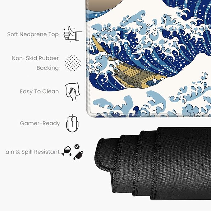 24x48 Mouse Pad Gaming Desk Mat Giant Japanese Sea Wave Mousepad Large Desk Pad Oversized Huge Computer Mat 3XL Mouse Pads for Protector Desktop Office