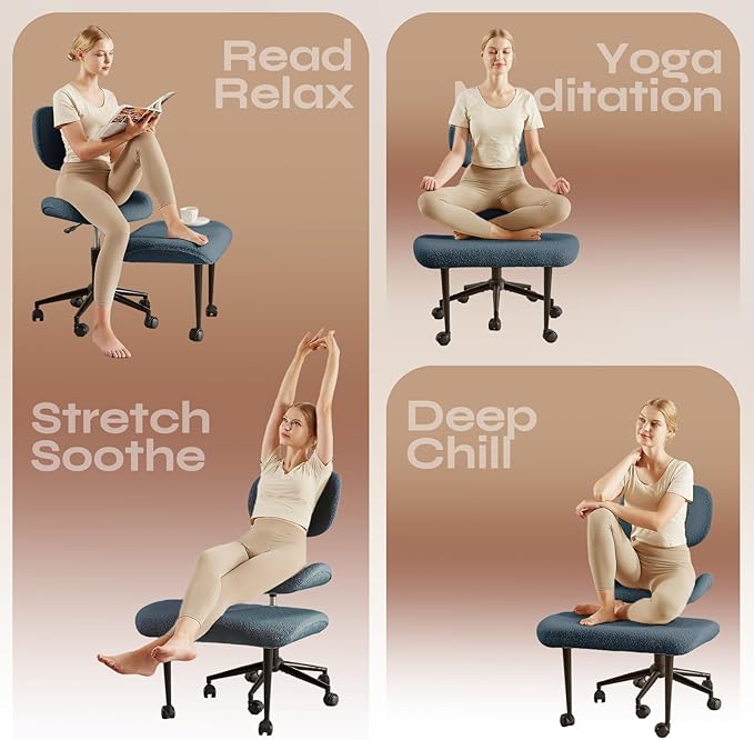 Ergonomic Cross Legged Chair for ADHD, Meditation Chair with 360° Swivel Wheels, Kneeling Office Chair with Back Support, Strong Lumbar Support, Teddy Fabric, Bule