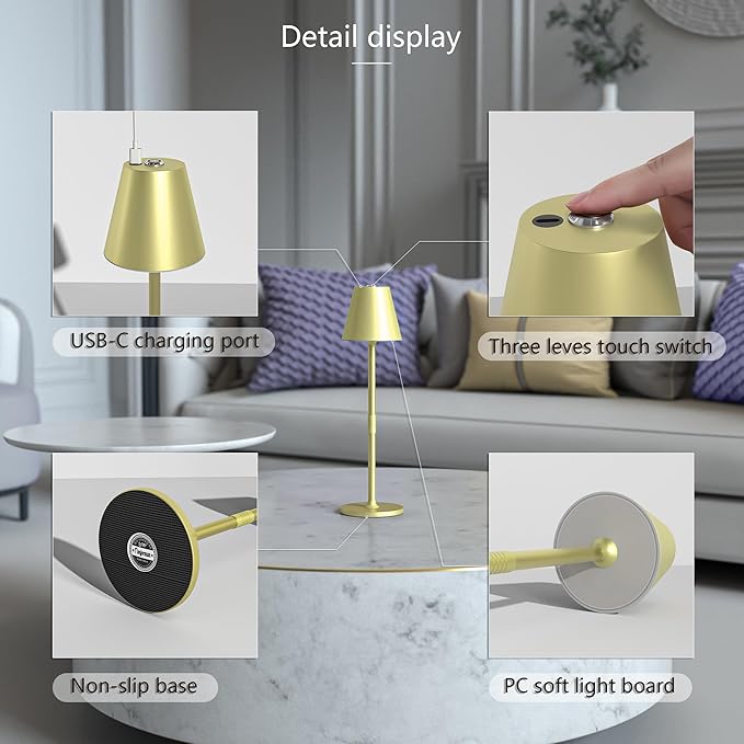 1-Pack Cordless Table Lamps - 5000mAh Rechargeable Battery Operated Desk Lamp, 3-Level Dimmable LED Night Light for Bedroom, Dining, Restaurant - Metal Design (Champagne Gold-1Pack)
