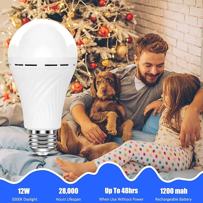 Neporal LITE Emergency Rechargeable Light Bulbs A19, Light Up to 48 hrs, Battery Operated Light Bulb, 5000K E26 LED Bulb, Emergency Lights for Home Power Failure (Daylight-2PK, 12, Watts)