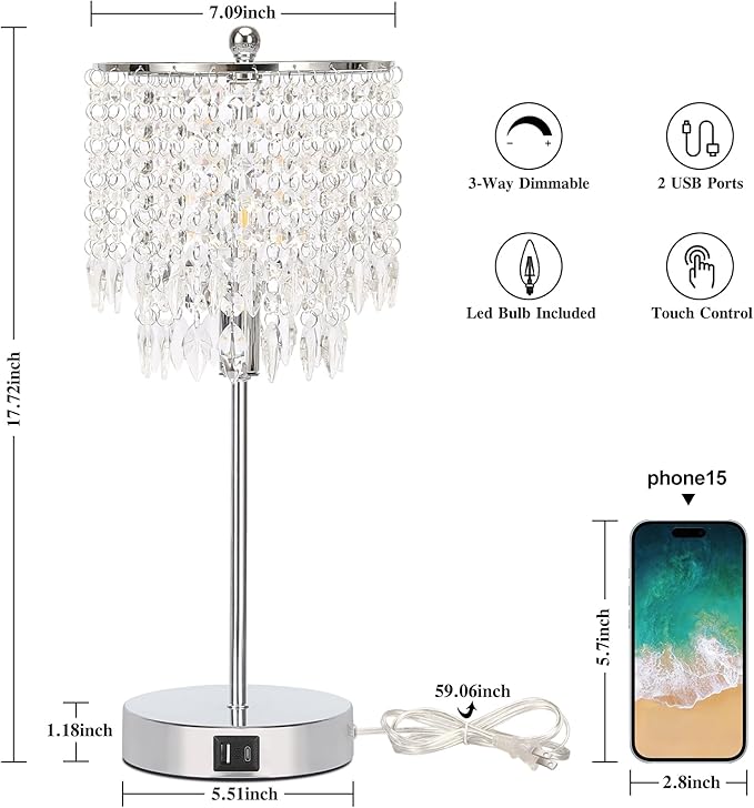 Boncoo Crystal Table Lamp Set of 2 Touch Control, Crystal Lamps with USB Ports Elegant Shade Bedside Lamp Silver, Dimmable Touch Table Lamp for Nightstand Bedroom Living Room, 4W LED Bulb Included