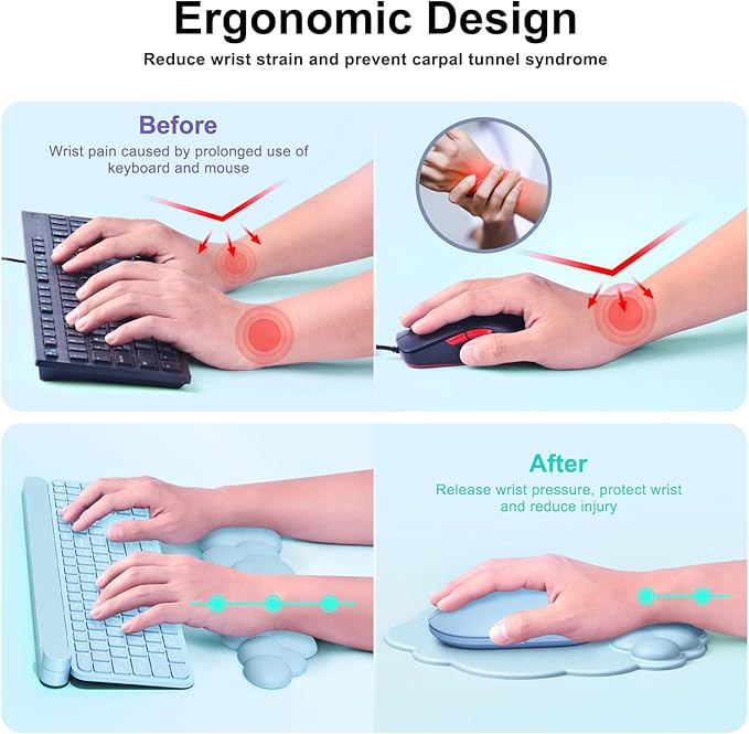 Cloud Mouse Pad with Wrist Rest, Cloud Keyboard Wrist Rest, Mouse Pad Wrist Support, Ergonomic Cloud Keyboard Mouse Wrist Support (Blue)