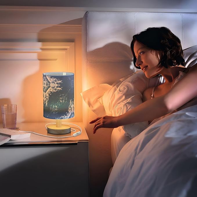 Blue Snowflake LED Table Lamp, Bedside Lamp with Linen Lampshade, Flicker-Free Eye Care USB Plug in Nightstand Lamp, for Bedroom and Office