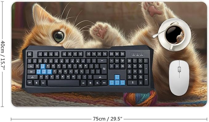 Large Ergonomic Gaming Mouse Pad Curious Kitten Playtime - Cute Cat Theme with Non-Slip Base Water-Resistant Surface and Stitched Edges 40X75cm