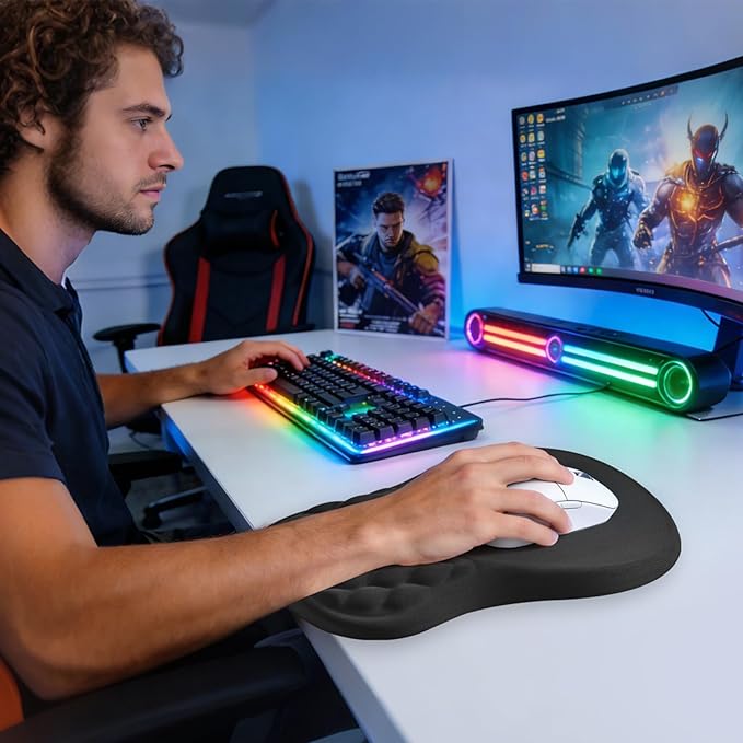 EooCoo Ergonomic Mouse Pad with Wrist Rest, Massage Design Large Mousepad with Memory Foam Wrist Rest and Non-Slip PU Base, Dual-Slope Design for Carpal Tunnel Syndrome, Office Desk Accessories