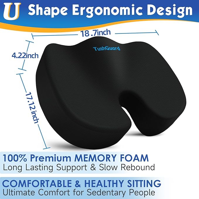 TushGuard Seat Cushion for Office Chair Memory Foam Non-Slip Cushion Back, Coccyx, Sciatica, Tailbone Pain Relief Butt Pillow for Office Chair, Car, Wheelchair, Black, XX-Large
