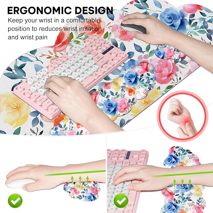 JIKIOU Large Cloud Mouse Pad Waterproof with Cloud Keyboard Wrist Pad and Cloud Mouse Wrist Pad Set, Ergonomic Computer Desk Wrist Support Mousepad for Keyboard and Mouse 35.4x15.7in Colored Rose