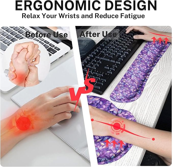Britimes Purple Leaves Oil Painting Ergonomic Mouse Pad Set with Wrist Rest Non-Slip Rubber Base Wrist Cushion Support and Coasters Mousepad with Wrist Support for Computer Keyboard and Desk