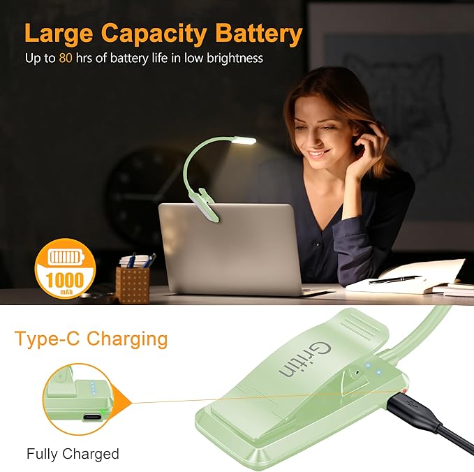 Gritin 9 LED Rechargeable Book Light for Reading in Bed - Eye Caring 3 Color Temperatures,Stepless Dimming Brightness,80 Hrs Runtime Small Lightweight Clip On Book Reading Light -Cyan