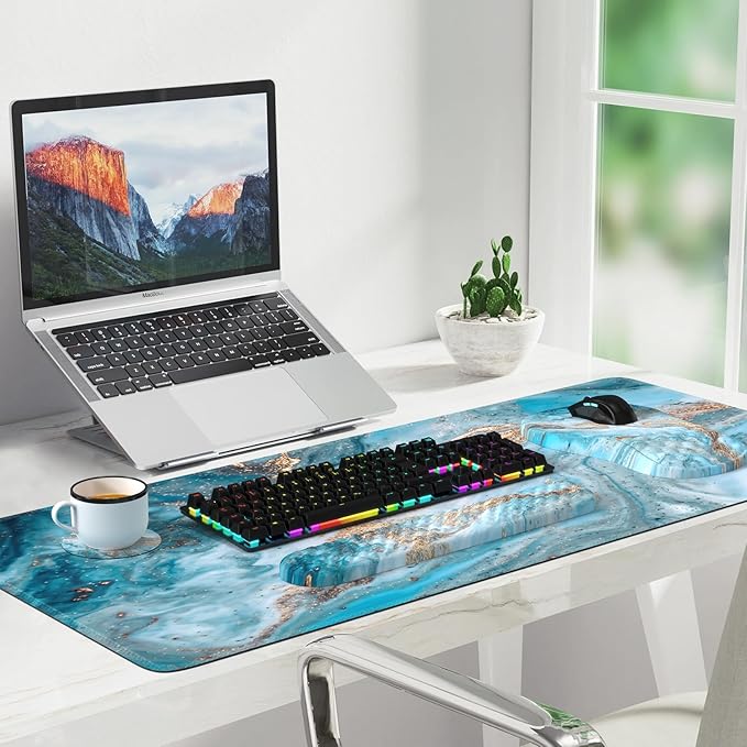 Desk Mat for Keyboard and Mouse, Large Mouse Pad with Wrist Rest and Keyboard Pad, 4PCS Keyboard Wrist Support, Computer Mousepad for Laptop, Teal Blue Turquoise Marble