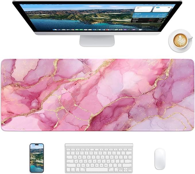 Pink Marble Mouse Pad, 31.5 x 11.8 Large Desk Mat with Stitched Edges & Non-Slip Base, Mousepad for Office, Home, Work