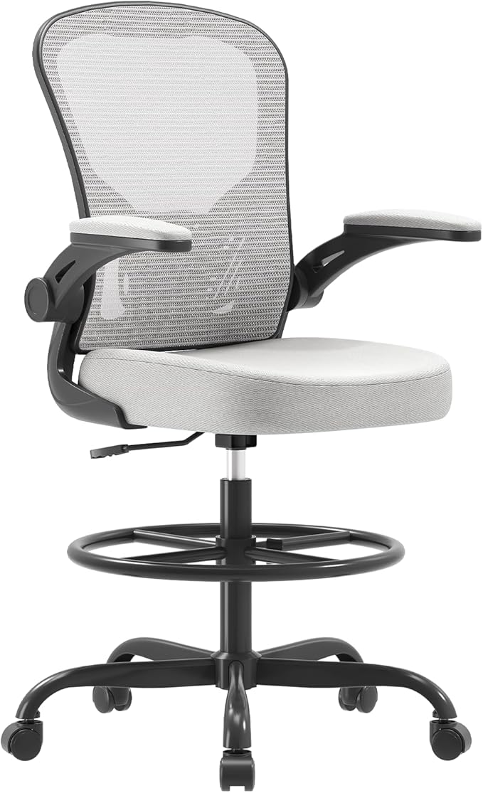 Ergonomic Drafting Chair, Tall Office Chair with Flip-up Armrests, Breathable Mesh High Desk Chair with Lumbar Support Adjustable Footrest Ring for Standing Desk Gray