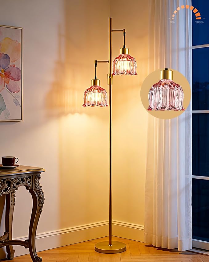 2-Light Gold Floor Lamp for Living Room, 65IN Tall Standing Lamps Dimmable with Rose Red Glass Lampshade, 3000K Warmwhite Mid Century Modern Floor Lamp for Bedroom/Office/Corner/Sofa Beside