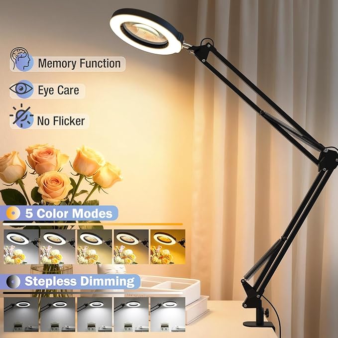 10X Magnifying Glass with Light and Clamp, Real Glass Stand Lighted Magnifier, 5 Color Modes Stepless Dimmable LED Desk Lamp Hands Free for Crafts Hobby Reading Painting Sewing Close Work Large Black