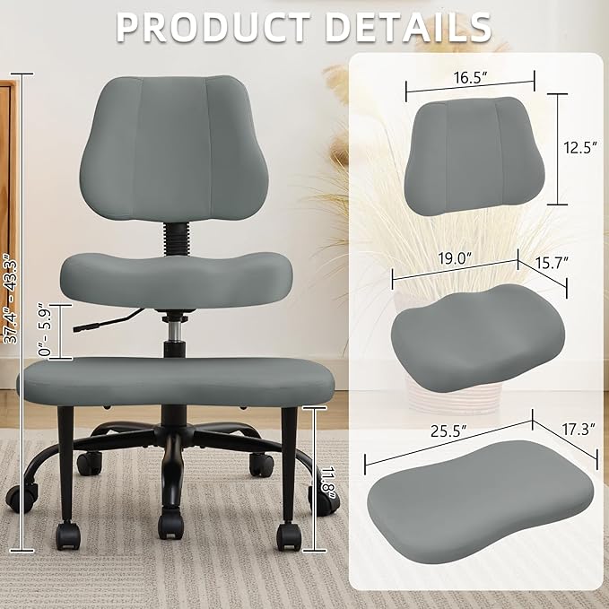 Ergonomic Criss Cross Legged Office Chair, ADHD Chair, Wide Height Adjustable Seat 360° Swivel Footstool with Wheels, PU Leather Meditation Kneeling Chair, for The Restless Home Workers, Grey