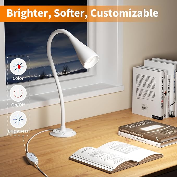 Wall Mounted Reading Light, Wall Light for Book at Night in Bed,Bedside,Headboard,Desk, Eye Care LED, Plug in USB Powered,5 Color & Brightness Dimmable, Flexible Gosseneck, 2 Pack