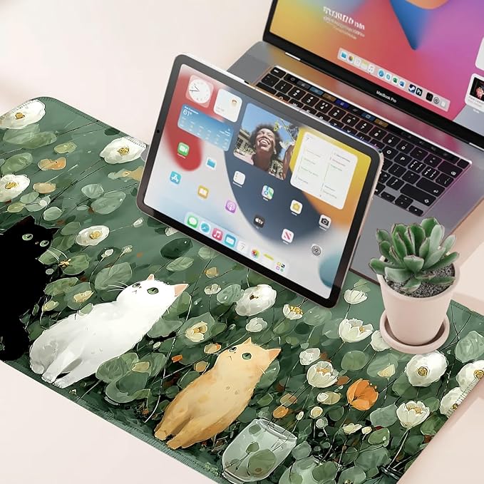 Desk Mat, XXL Extended Gaming Pad for Desktop, 31x12 Inches Floral Cats with Three Kittens, Large Non-Slip Vegan Leather Keyboard Mouse Mat for Home Office