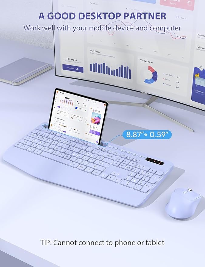 SABLUTE Wireless Keyboard and Mouse, Wrist Rest, Phone Holder, 2.4G Lag-Free Ergonomic Keyboards Mouse Combo, KM23D Silent Keyboards Set for Computer, Laptop, PC, Windows, Purple
