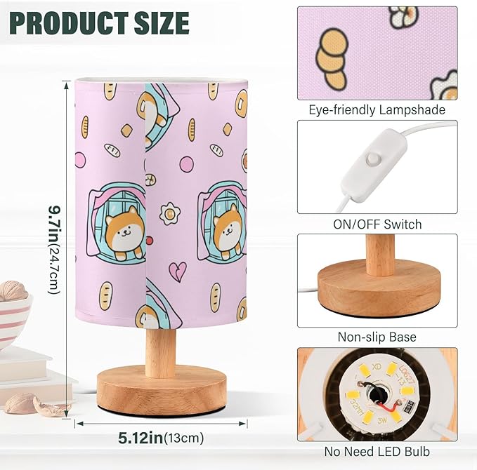 Pink Dog Clock LED Table Lamp, Bedside Lamp with Linen Lampshade, Flicker-Free Eye Care USB Plug in Nightstand Lamp, for Bedroom and Office