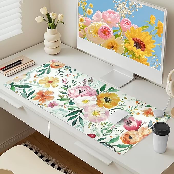 Bloss Pink+Yellow Rose Desk Mat, Leather Desk Pad, Desk Matt for Desktop, Waterproof Desk Pad Mat, Computer Mat for Office Work/Home/Decor-31.5 x 15.7 Inches