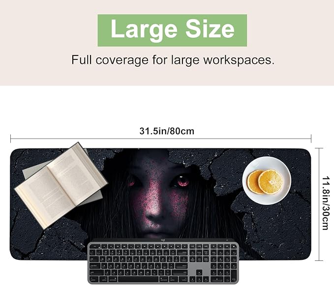 Desk Mat, XXL Extended Gaming Pad for Desktop, 31x12 Inches Horror Theme Figure Breaking Through Wall, Large Non-Slip Vegan Leather Surface with Stitched Edges, Keyboard Mouse Mat for Home Office