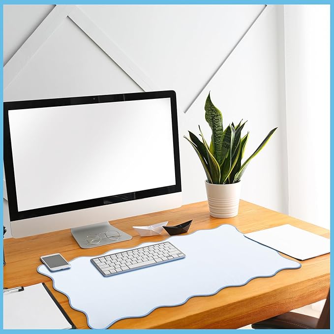 Scalloped Desk Mat Large Scalloped Piping Cute Desk Mat Aesthetic Preppy Table Pad Large Nonslip Pad with Edge Stitching Waterproof Gaming(Blue,23.62 x 13.78 Inches)
