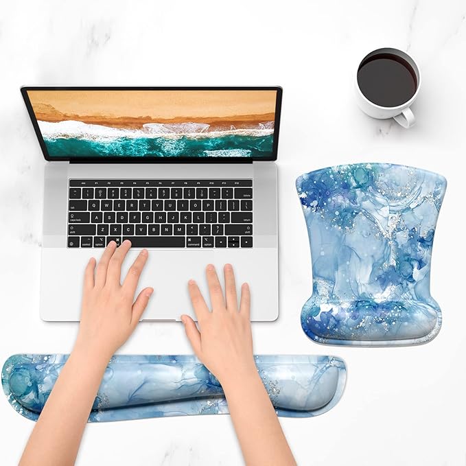 ITNRSIIET Mouse Pad Wrist Support Keyboard Wrist Rest Pad Ergonomic Mousepad Non-Slip Memory Foam Keyboard Pad Easy Typing Pain Relief Perfect for PC Laptop Gaming Office, Blue Abstract Marble