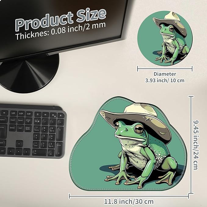 Cute Mouse Pad Plus 1 Coaster, Small Gaming Mouse Mat 11.8 x 9.45 inches, Travel Mouse Pads with Durable Stitched Edges Non-Slip Base, Green Frog Decor Mousepad for Office Home