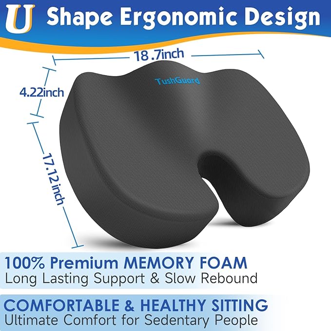 TushGuard Seat Cushion for Office Chair Memory Foam Non-Slip Cushion for Back, Coccyx & Tailbone Support, Ergonomic Butt Pillow for Office Chair, Car, Wheelchair, Grey, XX-Large