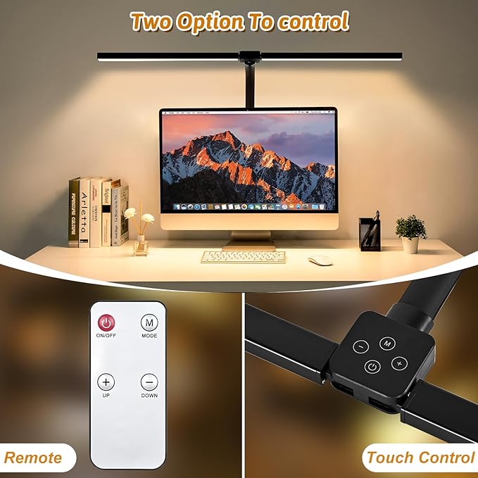 LED Desk Lamp for Office Dorm Home - Eye Caring Desk Light with Timer, Remote Control 24W Brightest Dual Screen Computer Monitor Gooseneck Dimmable Table lamp with Anti-Glare Cover Clamp
