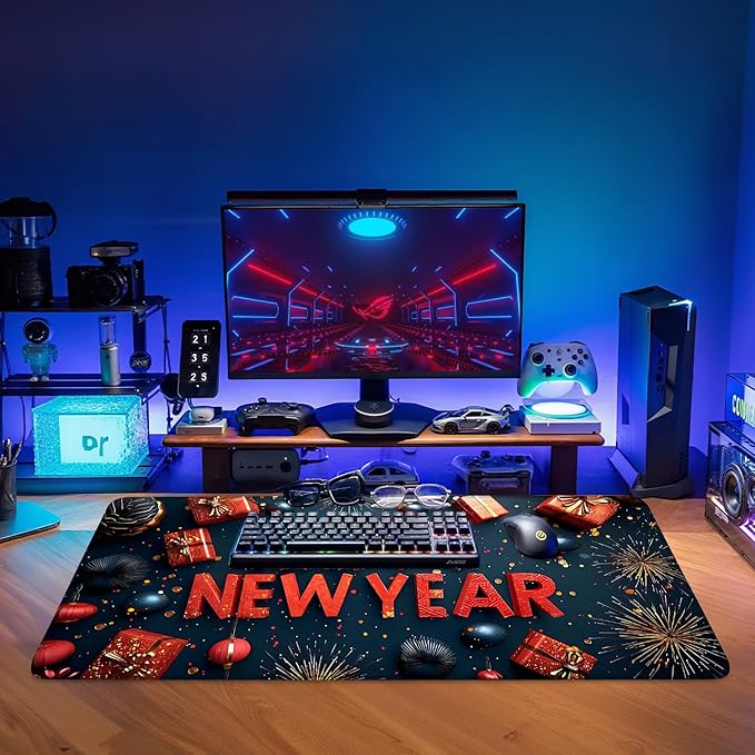 Happy New Year Extended Gaming Mouse Pad 35.4x15.7Inch Large Desk Mat Anti-Slip Rubber Base & Durable Stitched Edges for Gamers Smooth Mouse Writing Surface for Desk Office/Home